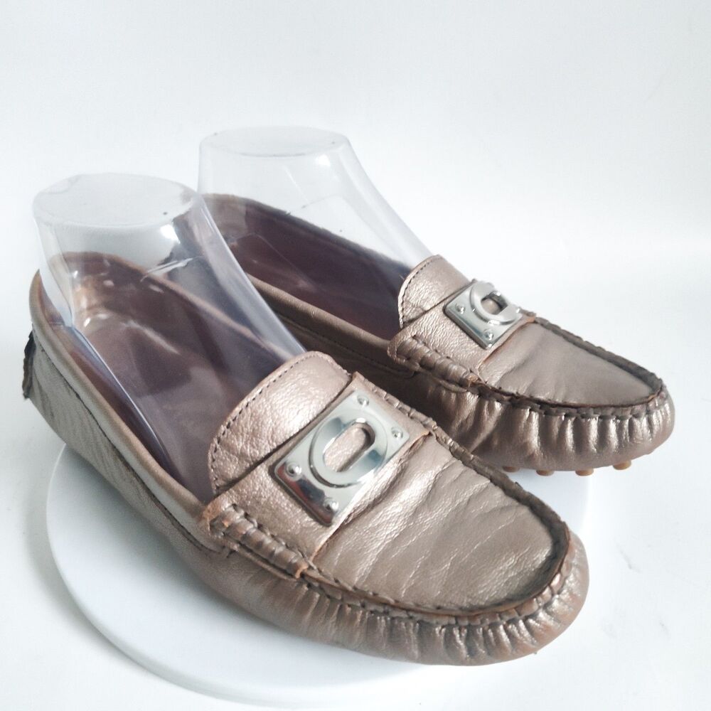 Coach Loafers Size 7 Silver Logo Leather Slip On Flat Napoleon Metallic Bronze